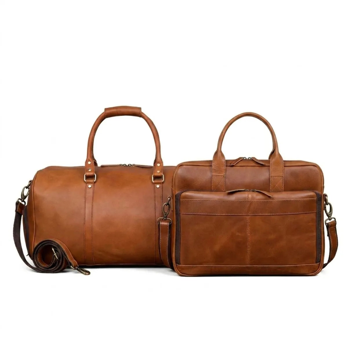 Genuine Leather Travel And Briefcase Combo Set- Tan - denverleathercraft