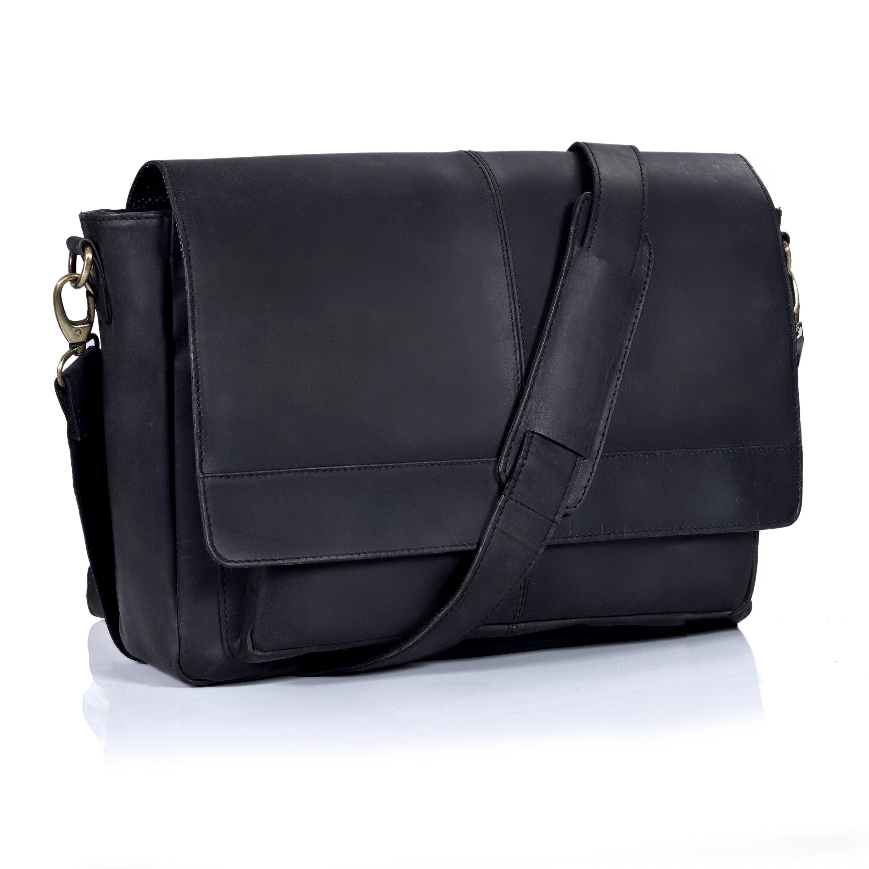 Javis Unisex Black Leather Messenger Bag | Denver Leather Craft