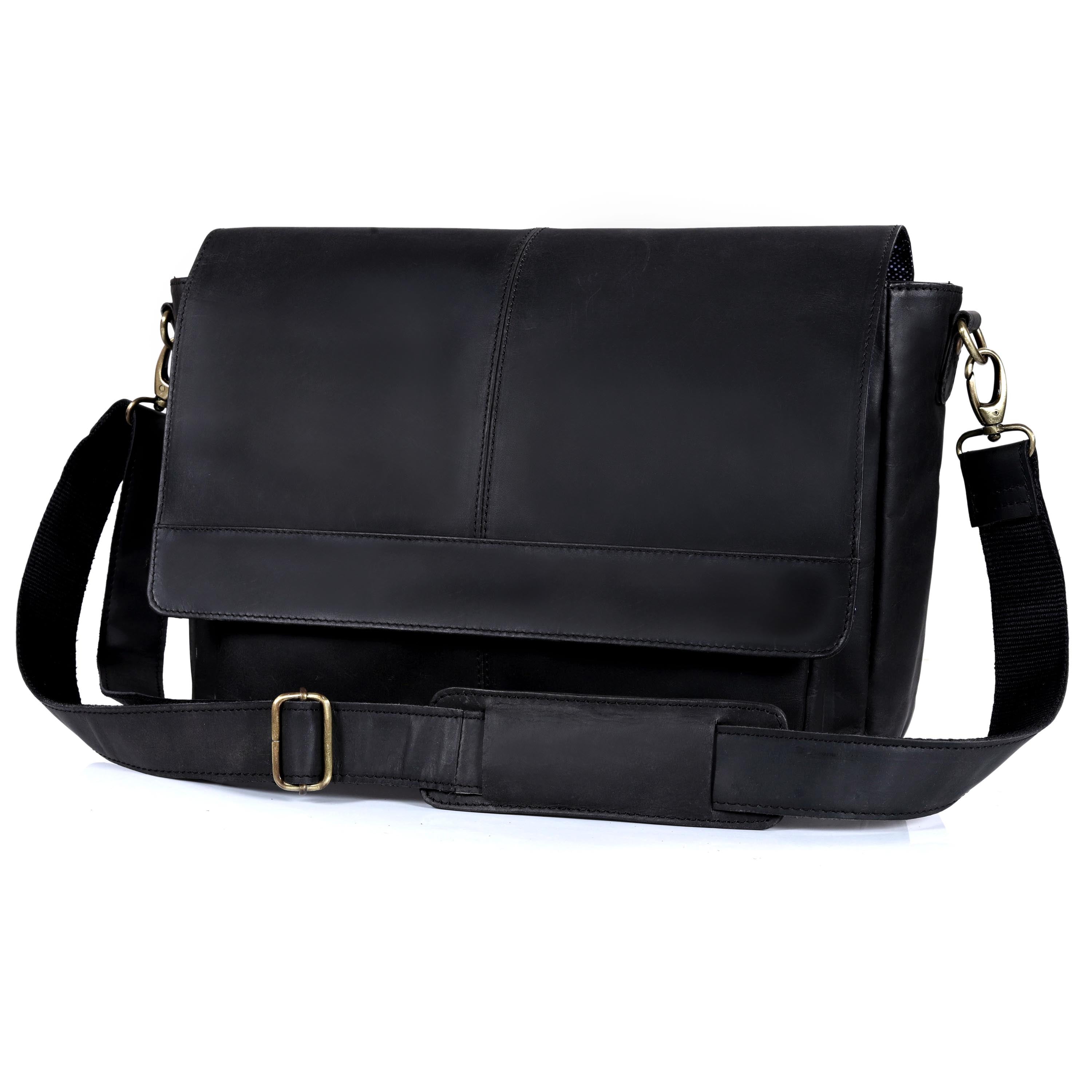 Javis Unisex Black Leather Messenger Bag | Denver Leather Craft