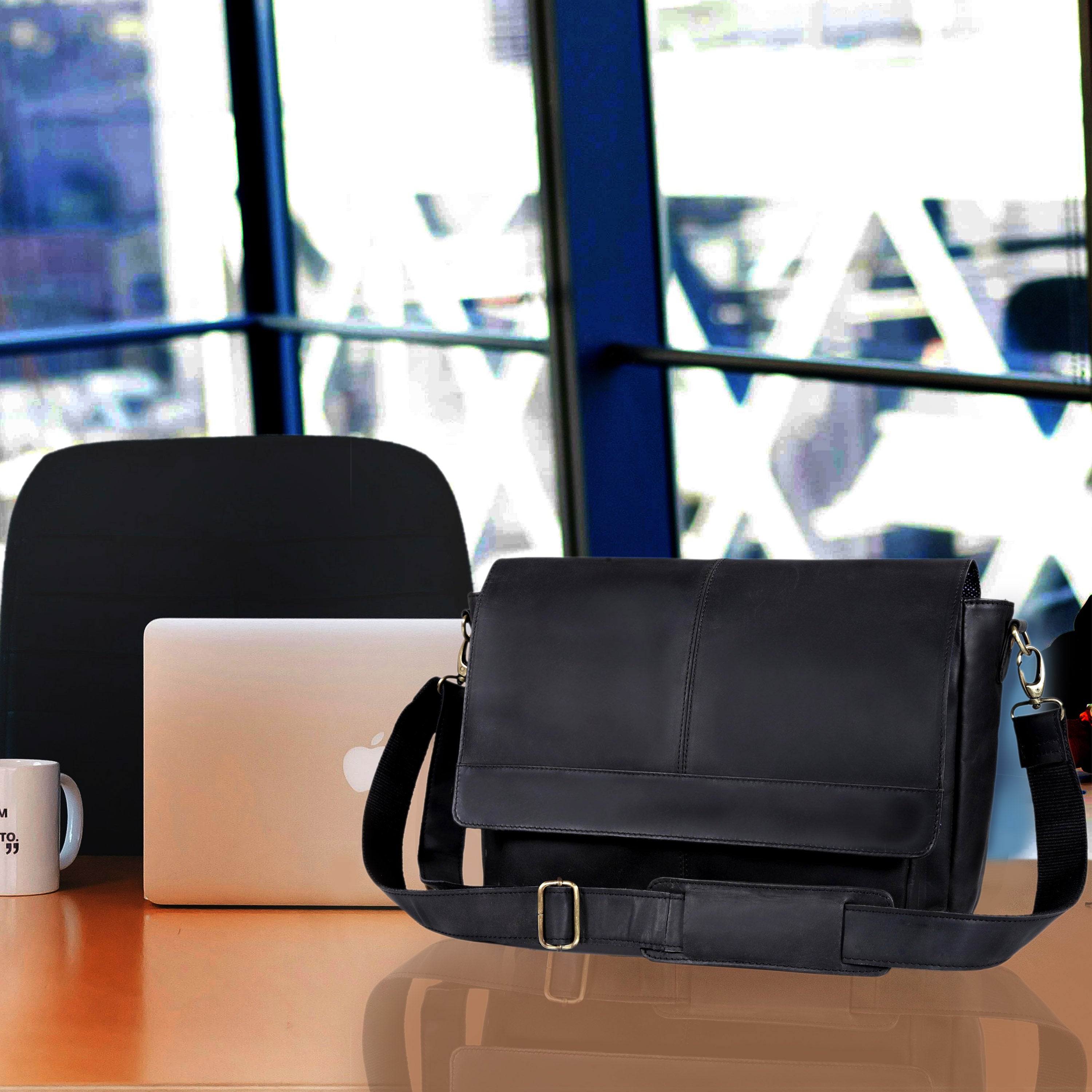 Javis Unisex Black Leather Messenger Bag | Denver Leather Craft