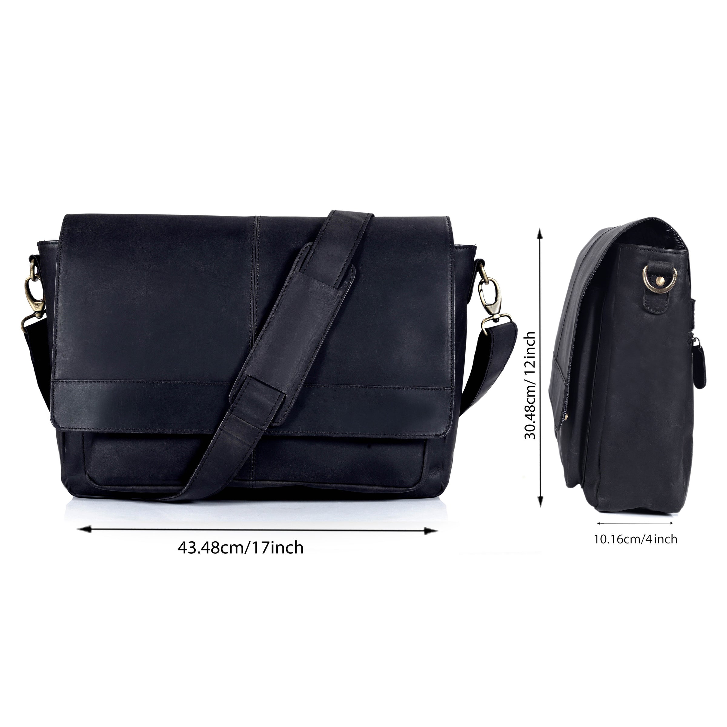 Javis Unisex Black Leather Messenger Bag