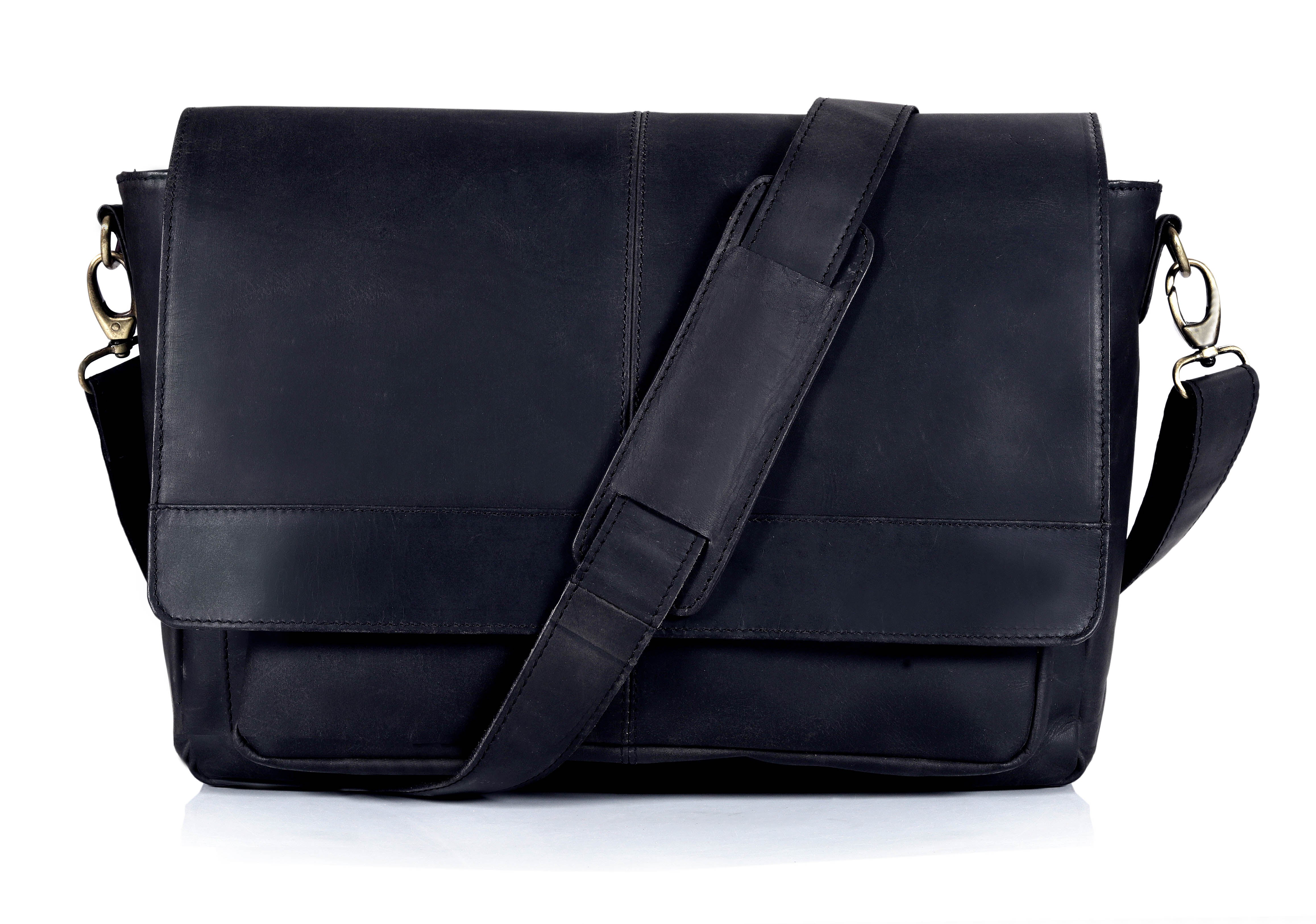 Javis Unisex Black Leather Messenger Bag | Denver Leather Craft